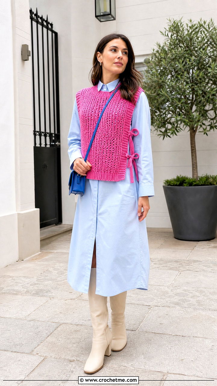 Side Tie Crochet Sweater Vest With Poplin Shirt Dress - 35 crochet sweater vest outfit ideas