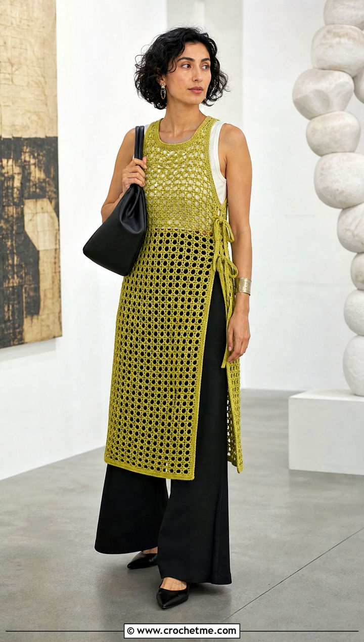 Side Tie Crochet Tabard Dress With Wide Leg Trousers - 15 Crochet Jumper Dress outfit ideas