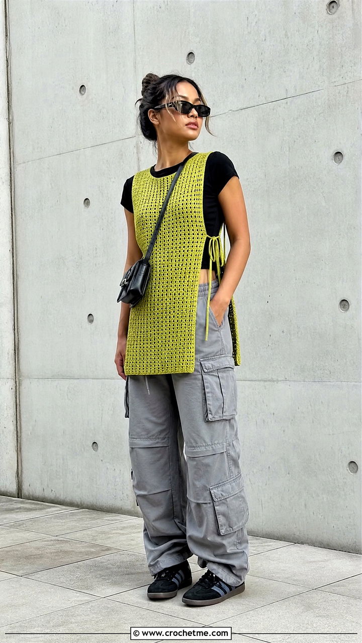 Side Tie Crochet Tabard Vest With Cargo Pants - 35 crochet tie vest outfit ideas