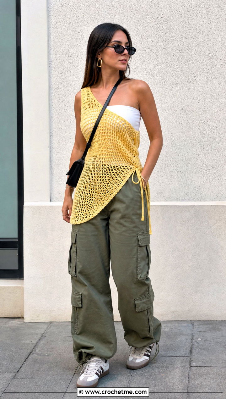 Side Tie Crochet Tunic Cover Up With Cargo Pants - 15 crochet tunic cover up outfit ideas