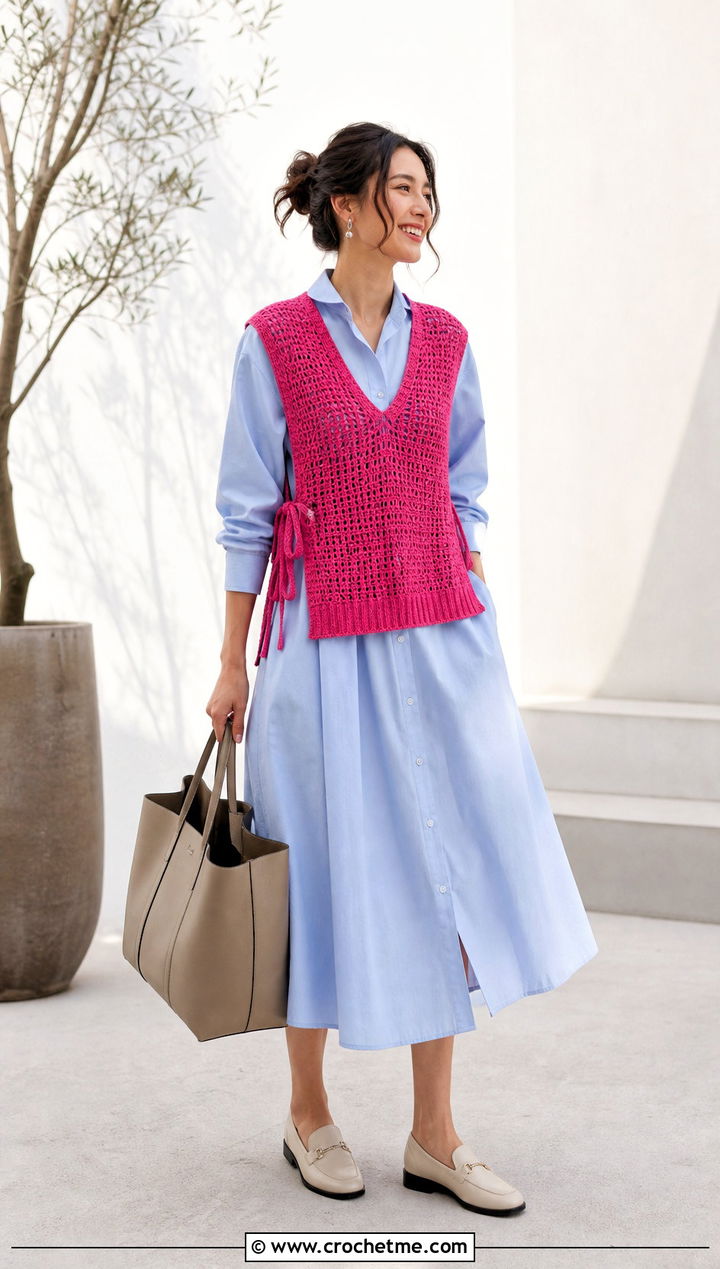 Side Tie Crochet V Neck Sweater Vest With Poplin Shirt Dress - 25 crochet v neck sweater vest outfit ideas