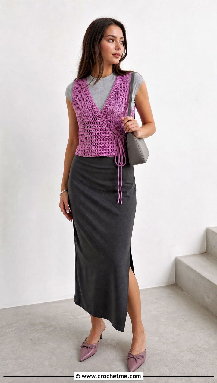 Side Tie Crochet V Neck Vest With Column Skirt - 30 crochet v neck vest outfit ideas