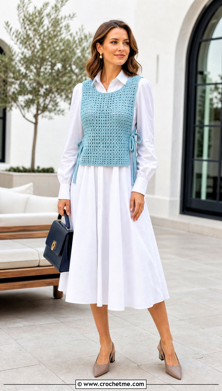 Side Tie Crochet Vest Over A Poplin Dress - 25 beginner crochet vest outfit ideas