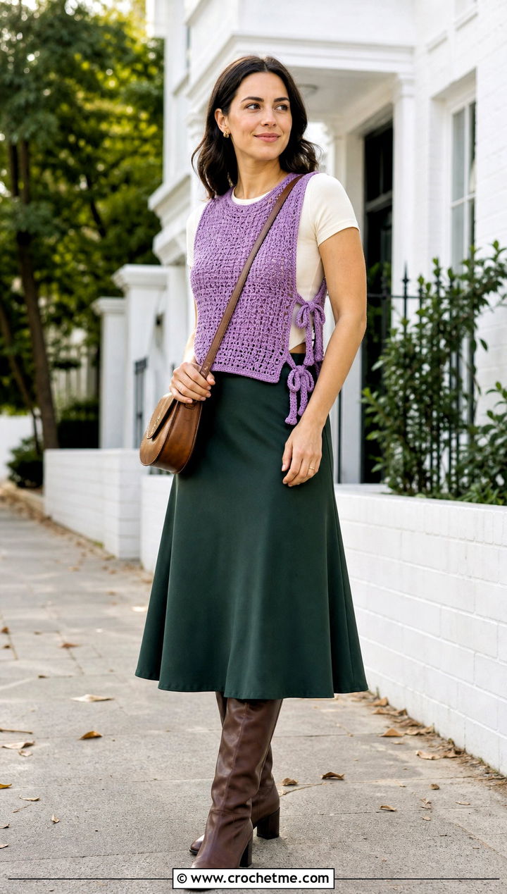 Side Tie Crochet Vest With A Line Midi Skirt - 35 crochet vest for women outfit ideas