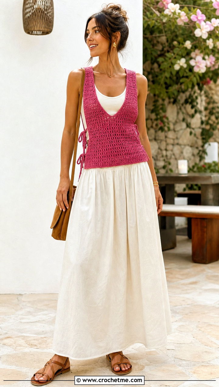 Side Tie Crochet Vest With Maxi Skirt - 25 Easy Crochet Vest For Beginners outfit ideas