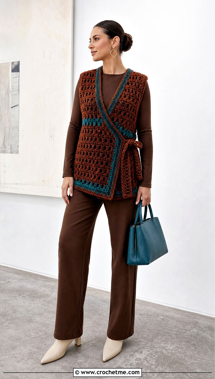 Side Tie Crochet Vest With Monochrome Separates - 15 brown crochet vest outfit ideas