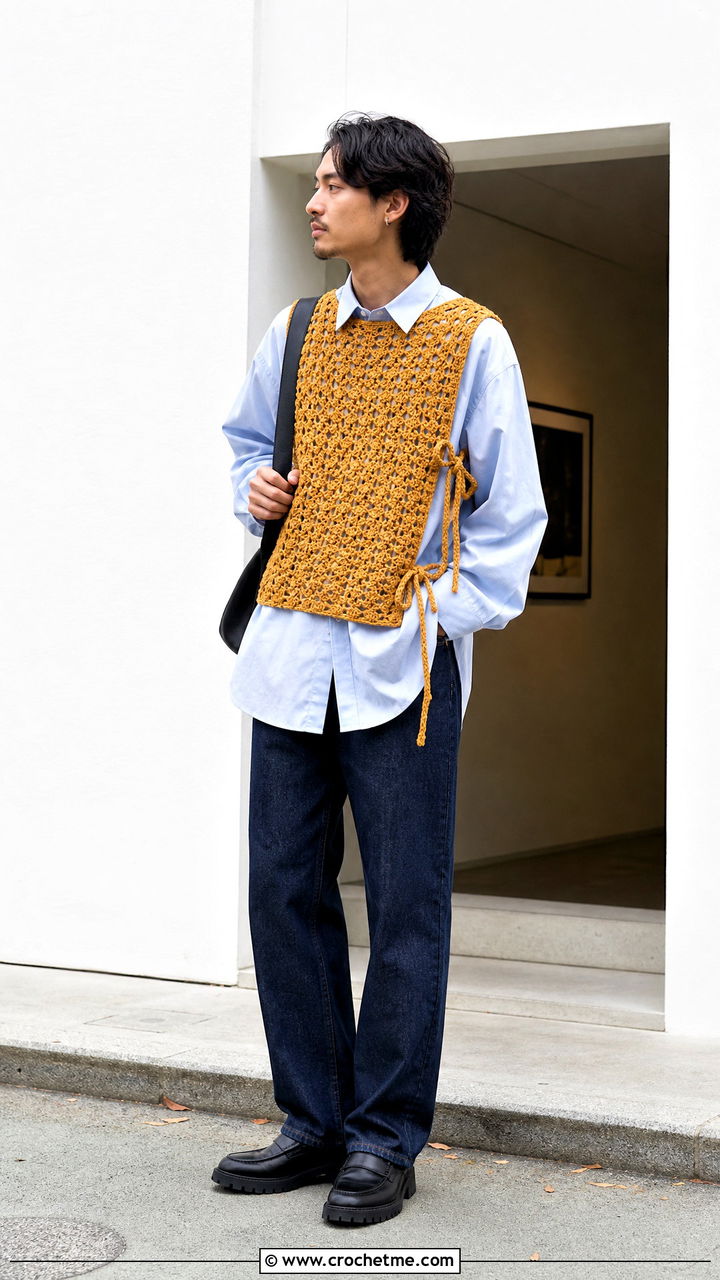 Side Tie Crochet Vest With Oversized Shirt And Straight Jeans - 35 crochet vest for men outfit ideas