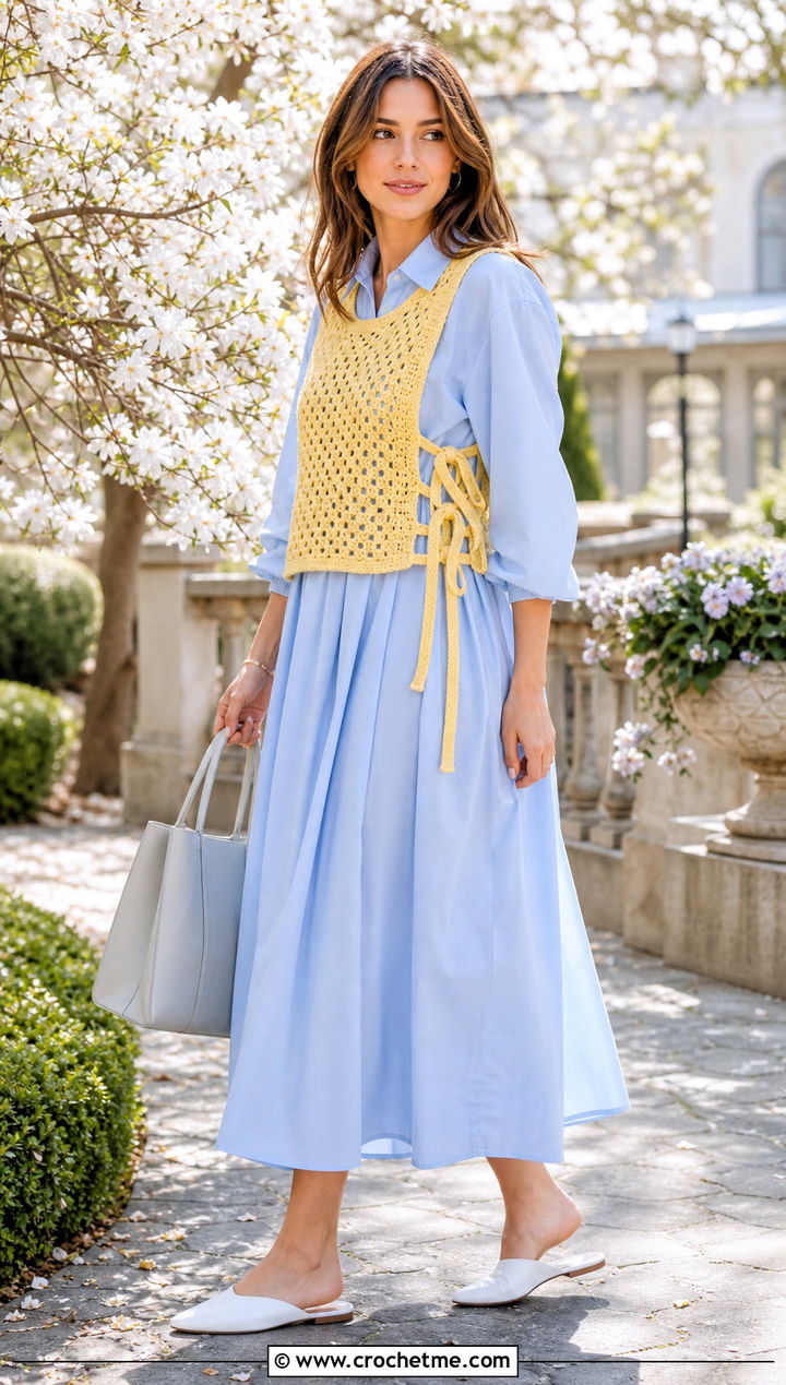 Side Tie Crochet Vest With Poplin Dress - 20 crochet vest outfit aesthetic outfit ideas