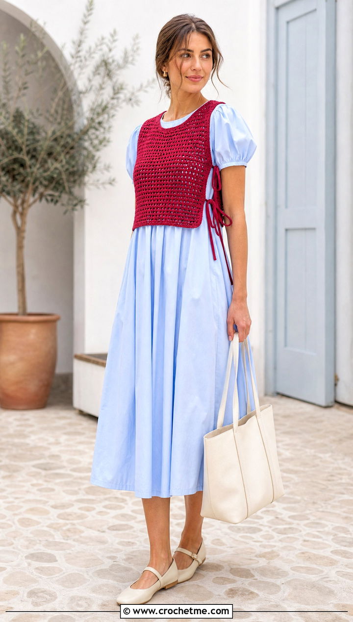 Side Tie Crochet Vest With Poplin Dress - 35 diy crochet vest outfit ideas