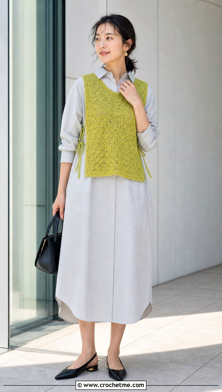 Side Tie Crochet Vest With Shirt Dress - 35 crochet vest outfits for women outfit ideas