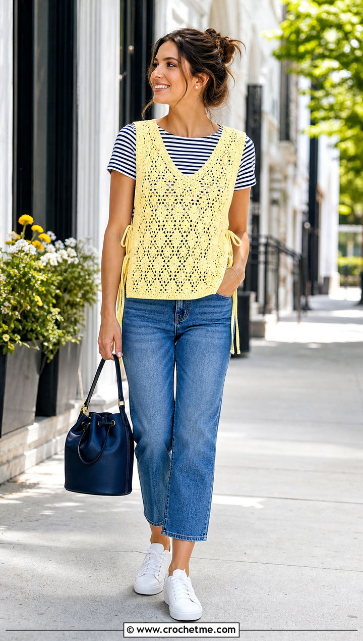 Side Tie Crochet Vest With a Striped T Shirt - 20 Lacy Crochet Vest outfit ideas