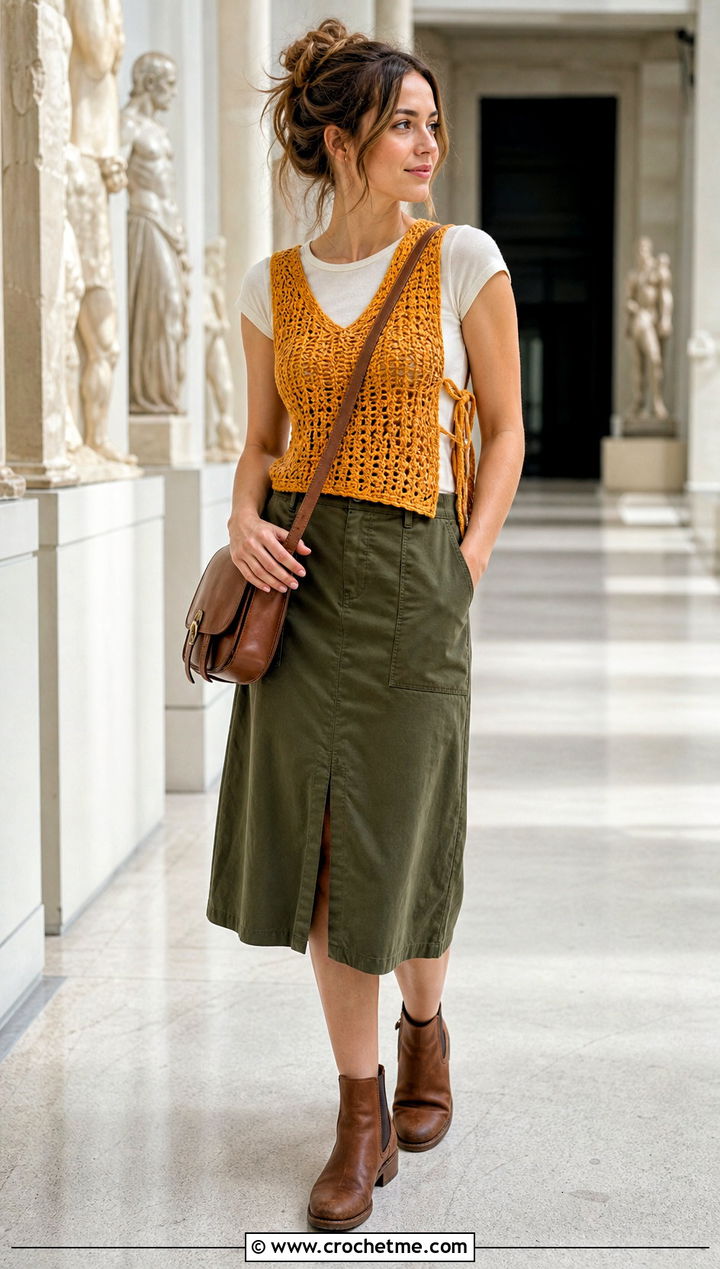 Side Tie Crochet Vest With a Utility Skirt - 35 crochet vests outfit ideas