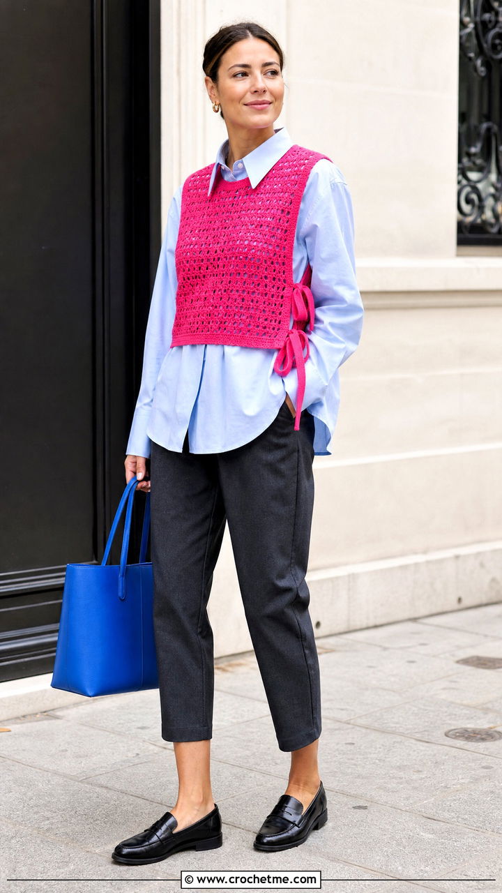 Side Tie Crochet Waistcoat With Poplin Shirt - 35 crochet waistcoat outfit ideas