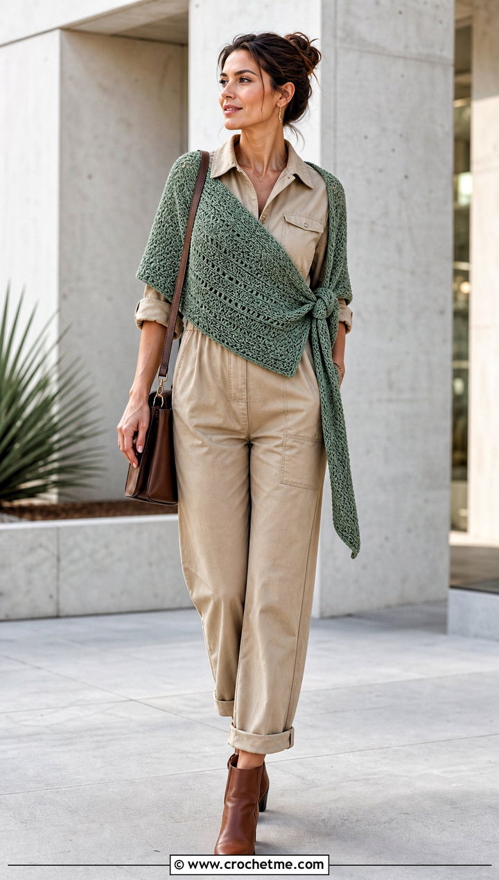 Side Tie Crochet Wrap Shawl With Utility Jumpsuit - 35 quick crochet shawl outfit ideas