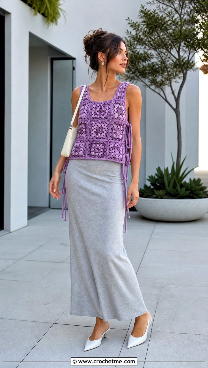 Side Tie Granny Square Crochet Tank Top With A Column Skirt - 25 Granny Square Crochet Tank Top outfit ideas
