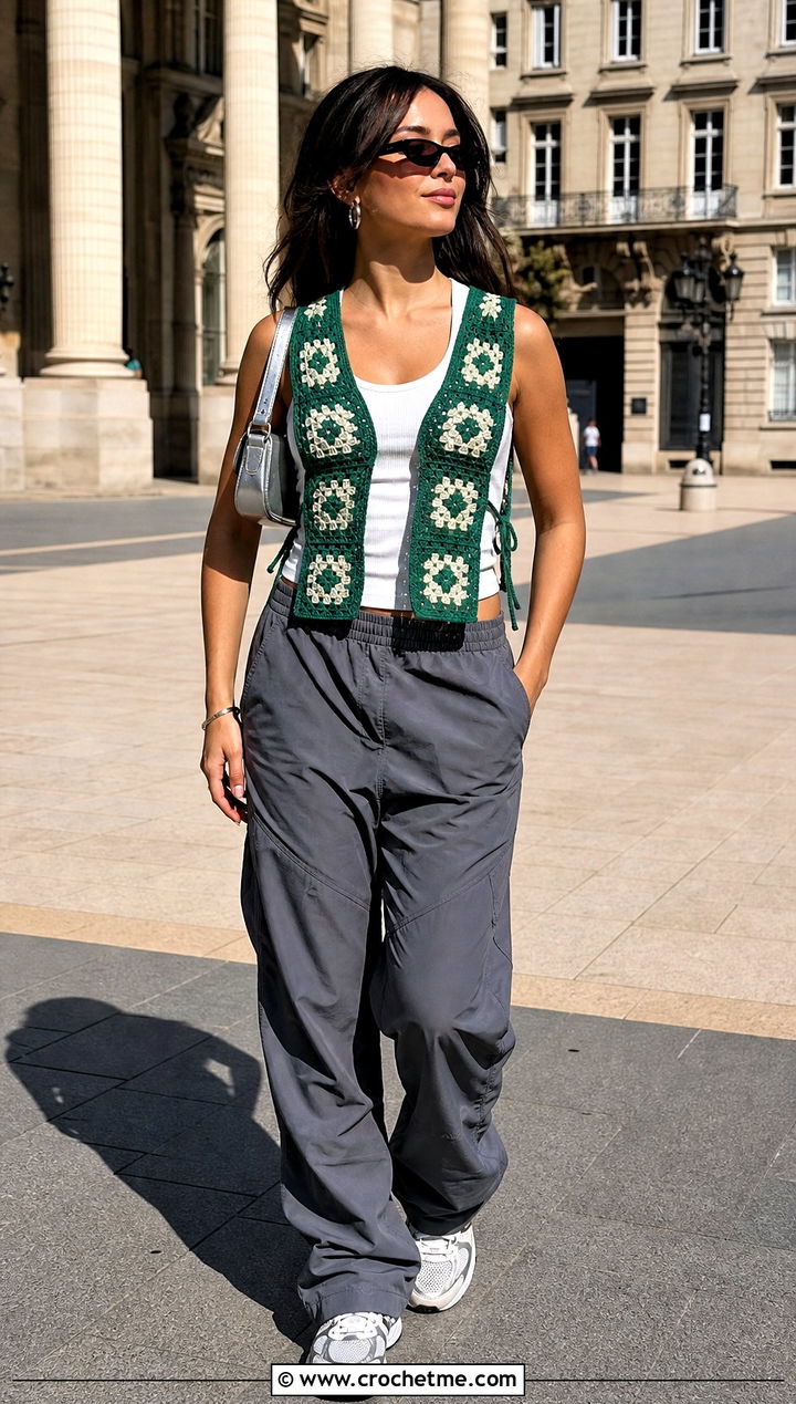 Side Tie Granny Square Crochet Waistcoat With Parachute Pants - 35 crochet waist coat outfit ideas