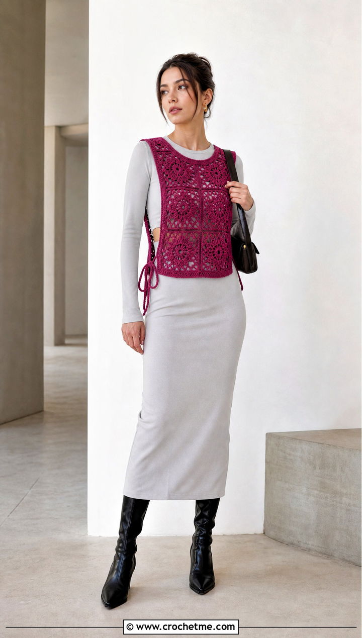 Side Tie Granny Square Sleeveless Vest With Column Skirt - 20 Granny Square Sleeveless Vest outfit ideas