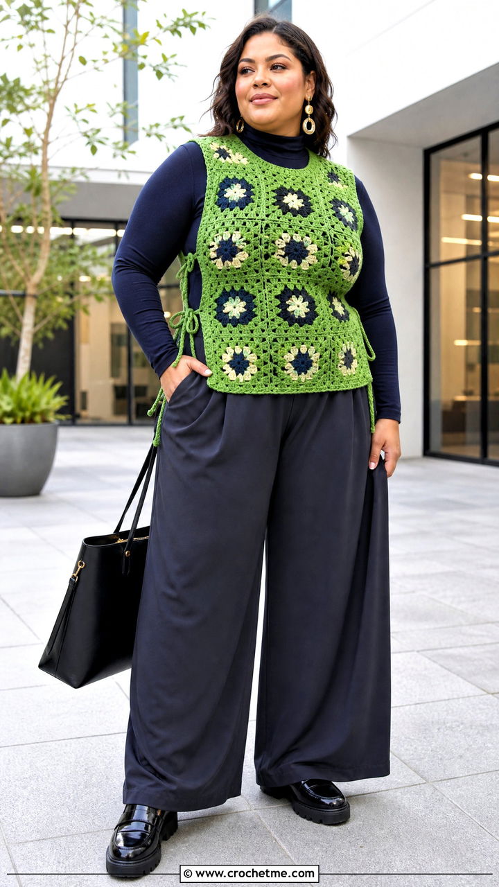 Side Tie Granny Square Sweater Vest With Palazzo Pants - 35 granny square sweater vest outfit ideas