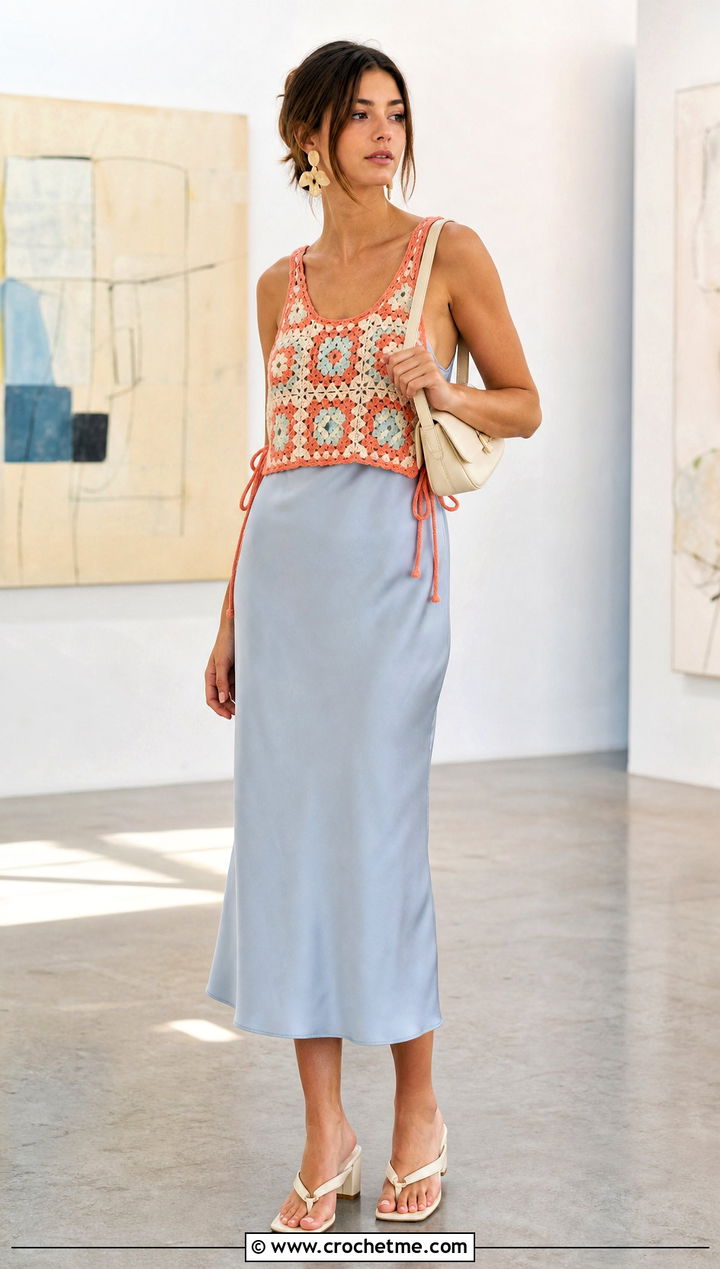 Side Tie Granny Square Tank Over A Slip Dress - 35 granny square tank outfit ideas