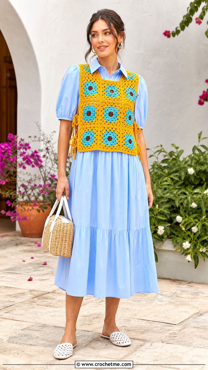 Side Tie Granny Square Vest With Poplin Dress - 35 granny square vest outfit ideas