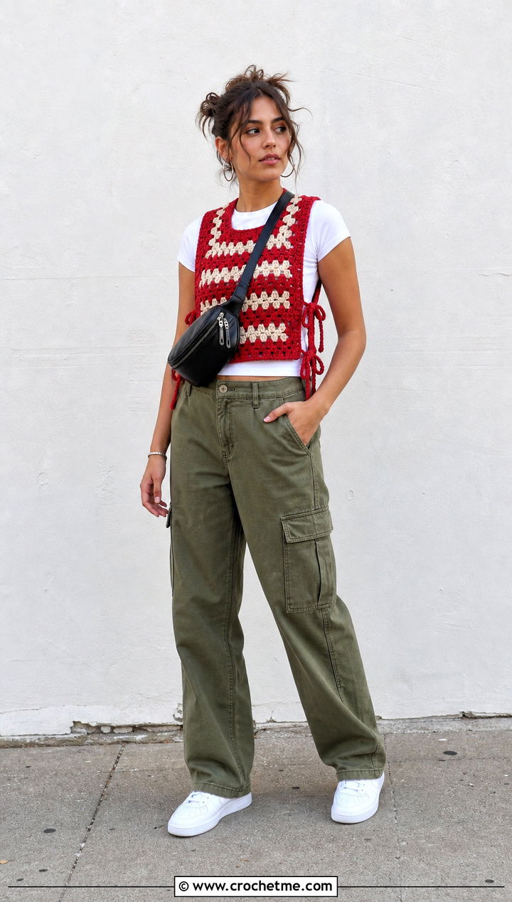 Side Tie Granny Stripe Crochet Vest With Cargo Pants - 15 granny stripe crochet vest outfit ideas