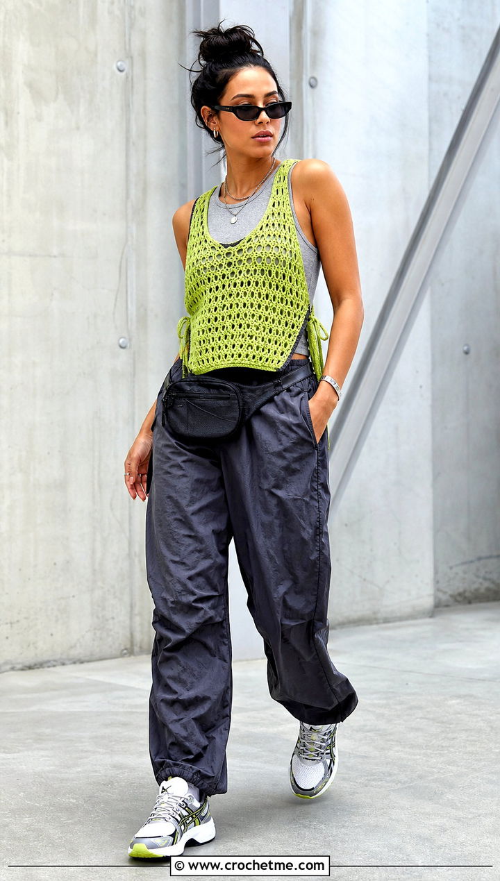 Side Tie Granny Tank Top With Parachute Pants - 25 crochet granny tank top outfit ideas