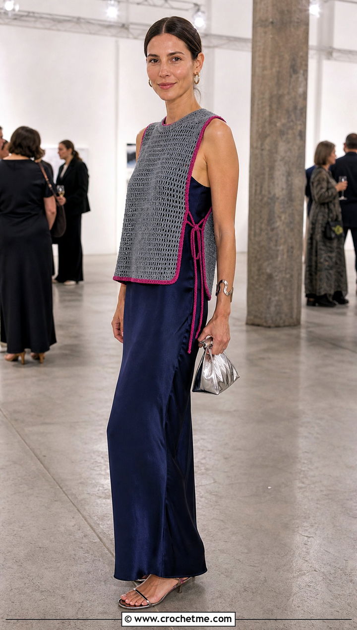 Side Tie Gray Crochet Sweater Vest With A Slip Dress - 15 Gray Crochet Sweater Vest outfit ideas