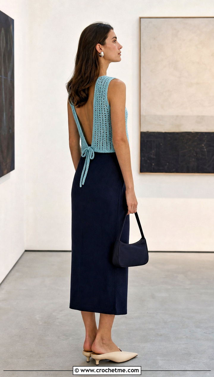 Side Tie Open Back Crochet Vest With Column Skirt - 15 crochet open back vest outfit ideas