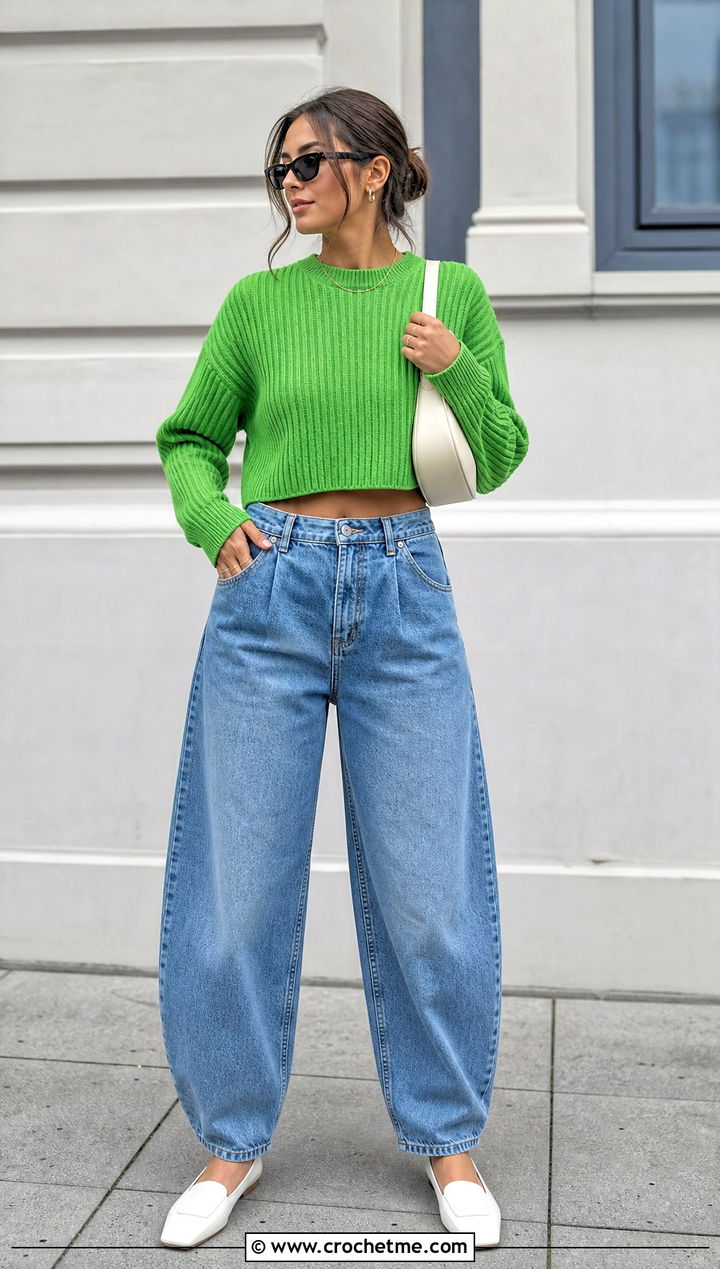 Side To Side Ribbed Crochet Cotton Jumper With Barrel Jeans - 15 Crochet Cotton Jumper outfit ideas
