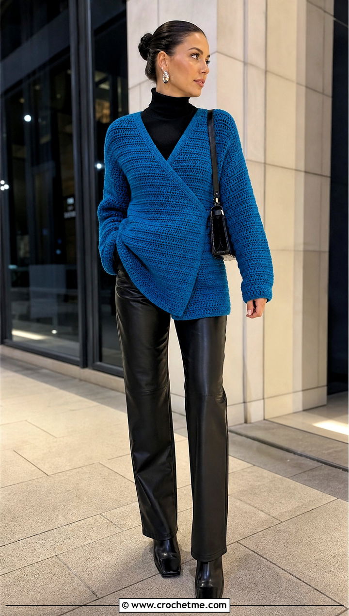 Side to Side Crochet One Piece Cardigan With Leather Pants - 30 crochet one piece cardigan outfit ideas