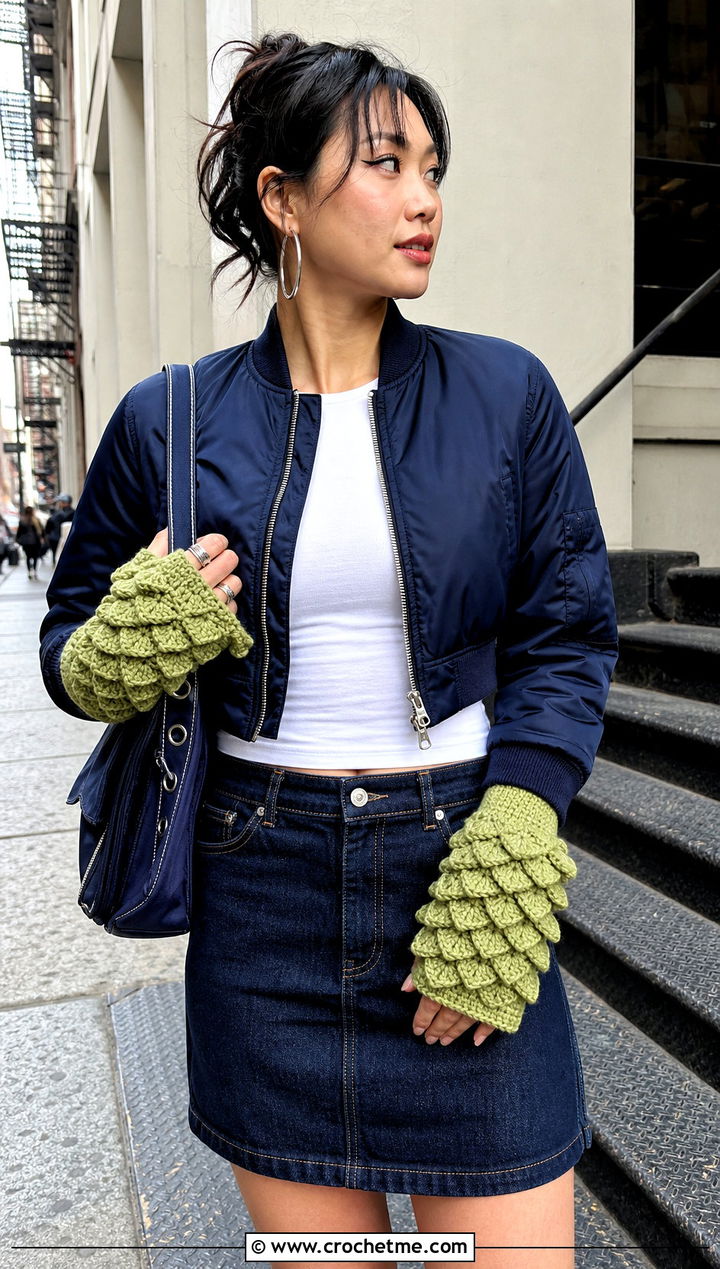 Sideways Scale Dragonscale Gloves With Bomber Jacket - 15 Dragonscale Crochet Gloves outfit ideas
