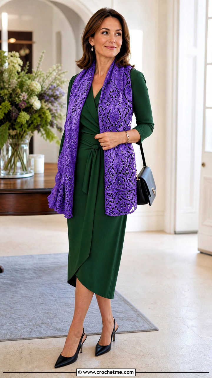 Silk Blend Crochet Lace Scarf With Wrap Dress And Slingback Heels - 35 crochet lace scarf outfit ideas