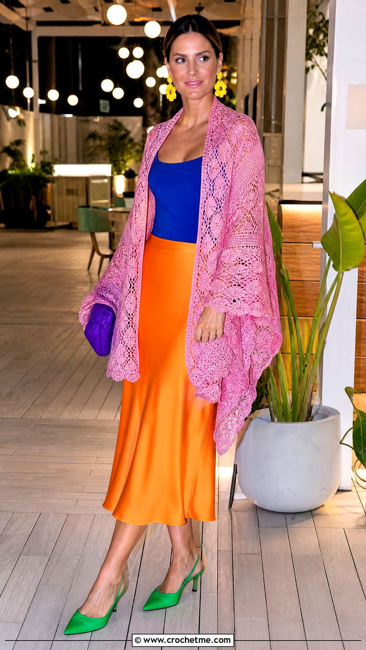 Silk Blend Crochet Shawl With A Bias Cut Midi Skirt - 35 crochet shawl outfit ideas