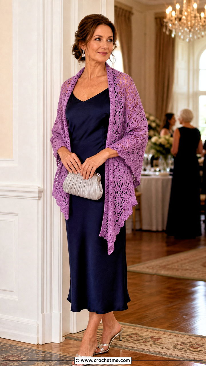 Silk Blend Crochet Shawl With Bias Cut Dress - 35 Crocheted Shawls And Wraps outfit ideas