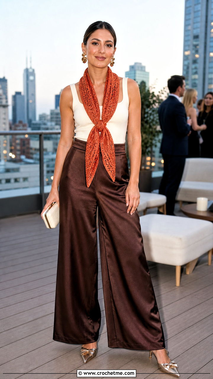 Silk Blend Crochet Sophie Scarf With Tank Top And Satin Pants - 35 crochet sophie scarf outfit ideas