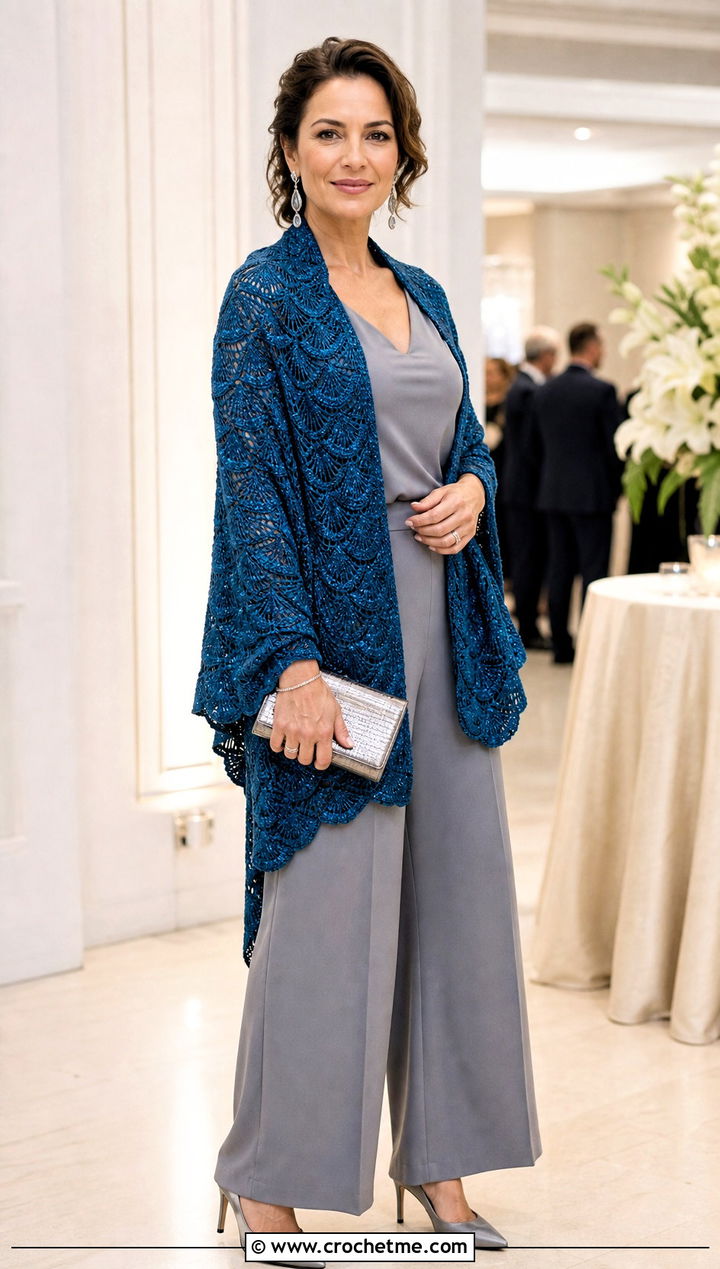 Silk Blend Fan Stitch Shawl With Jumpsuit - 20 Crochet Fan Stitch Shawl outfit ideas
