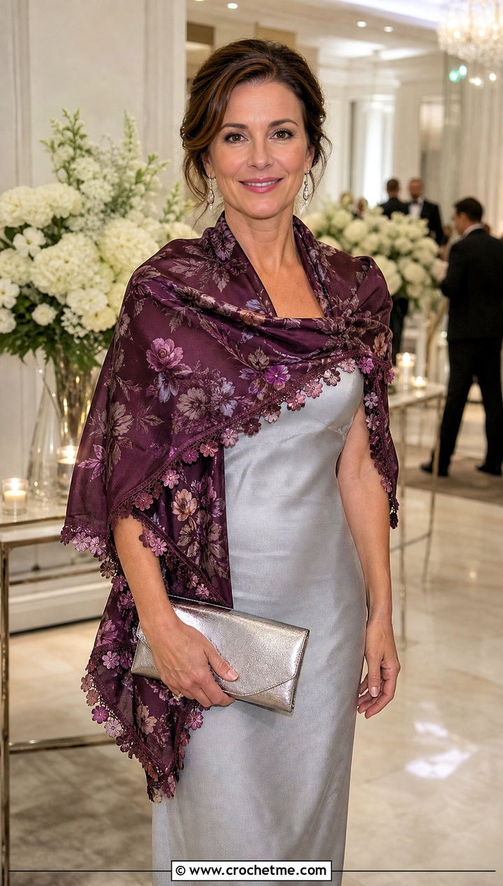 Silk Blend Floral Scarf With Evening Dress - 30 crochet scarf with flowers outfit ideas