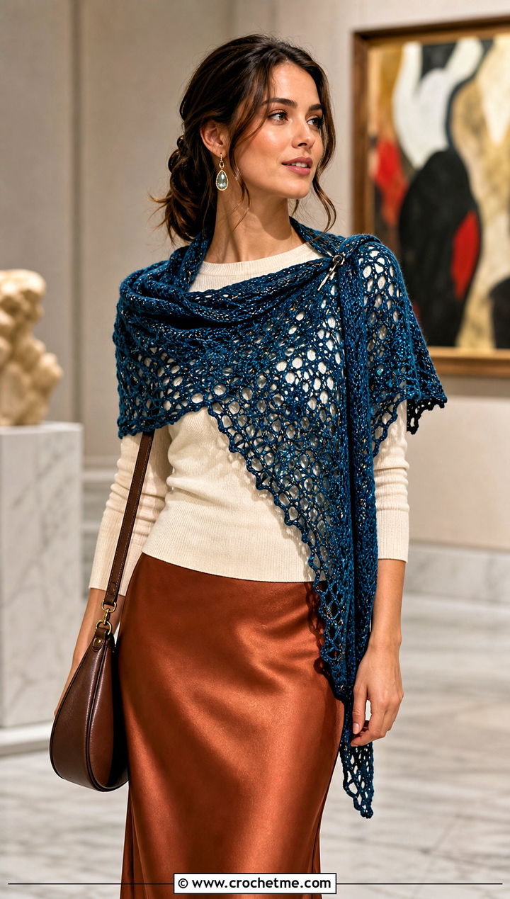 Silk Blend Lace Triangle Shawl With A Bias Cut Skirt - 20 Crochet Lace Triangle Shawl outfit ideas