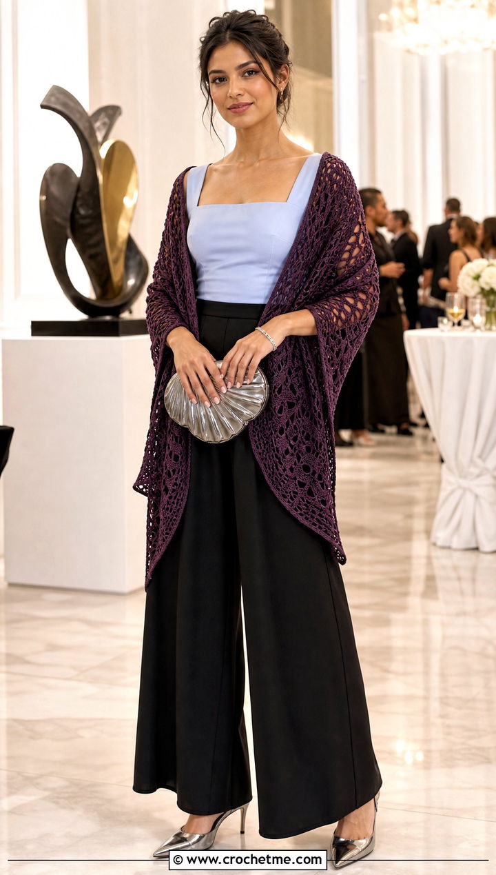 Silk Blend Pineapple Crochet Shawl With Evening Separates - 25 pineapple crochet shawl outfit ideas