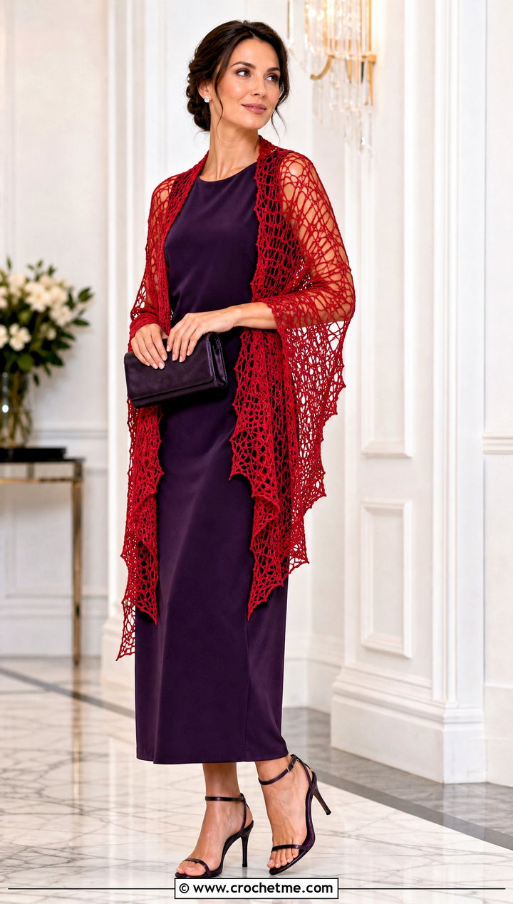 Silk Blend Spiderweb Crochet Shawl With Column Dress - 30 spiderweb crochet shawl outfit ideas