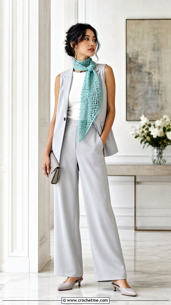 Silk Yarn Crochet Scarf With Tailored Vest - 35 crochet scarf ideas