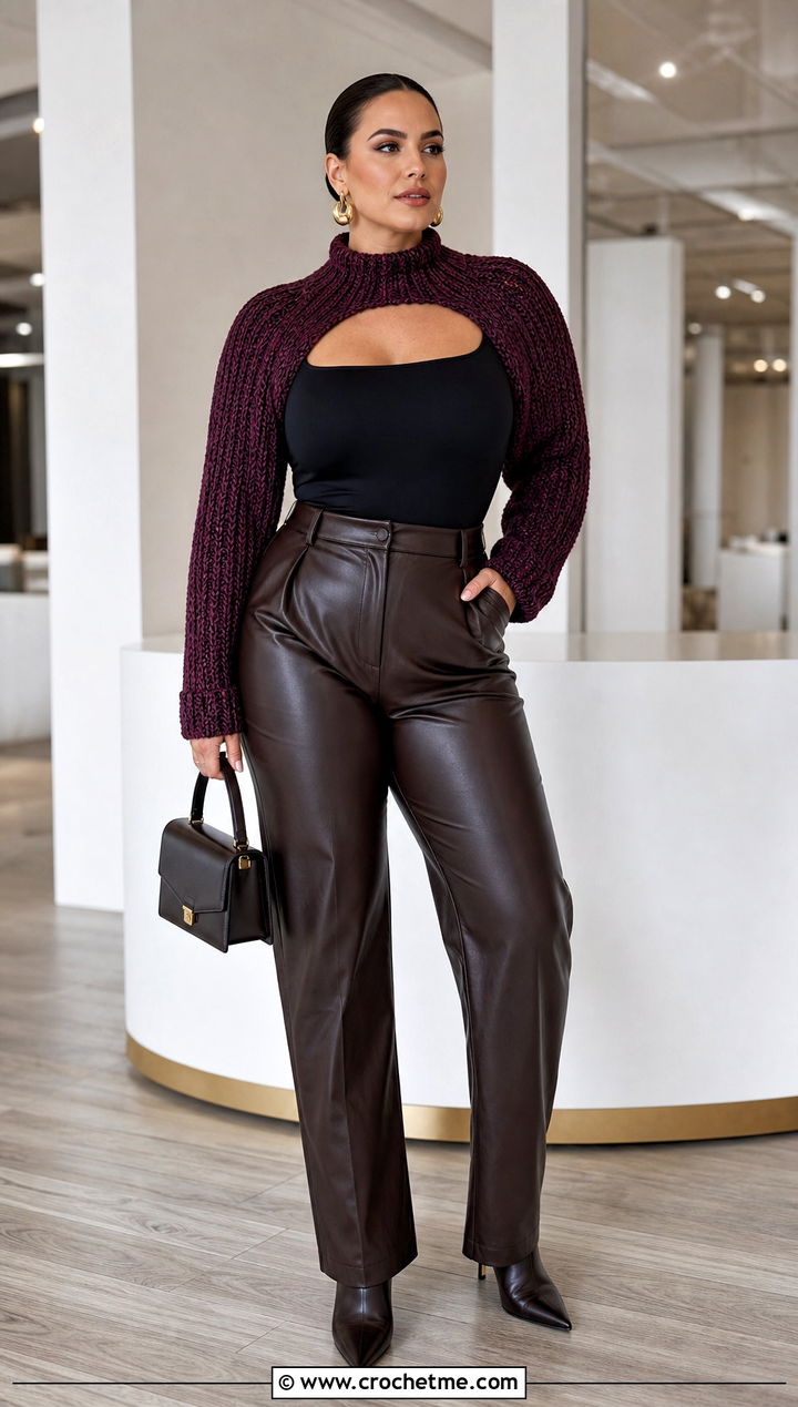 Silva Crochet Shrug With Faux Leather Pants - 15 silva crochet shrug outfit ideas