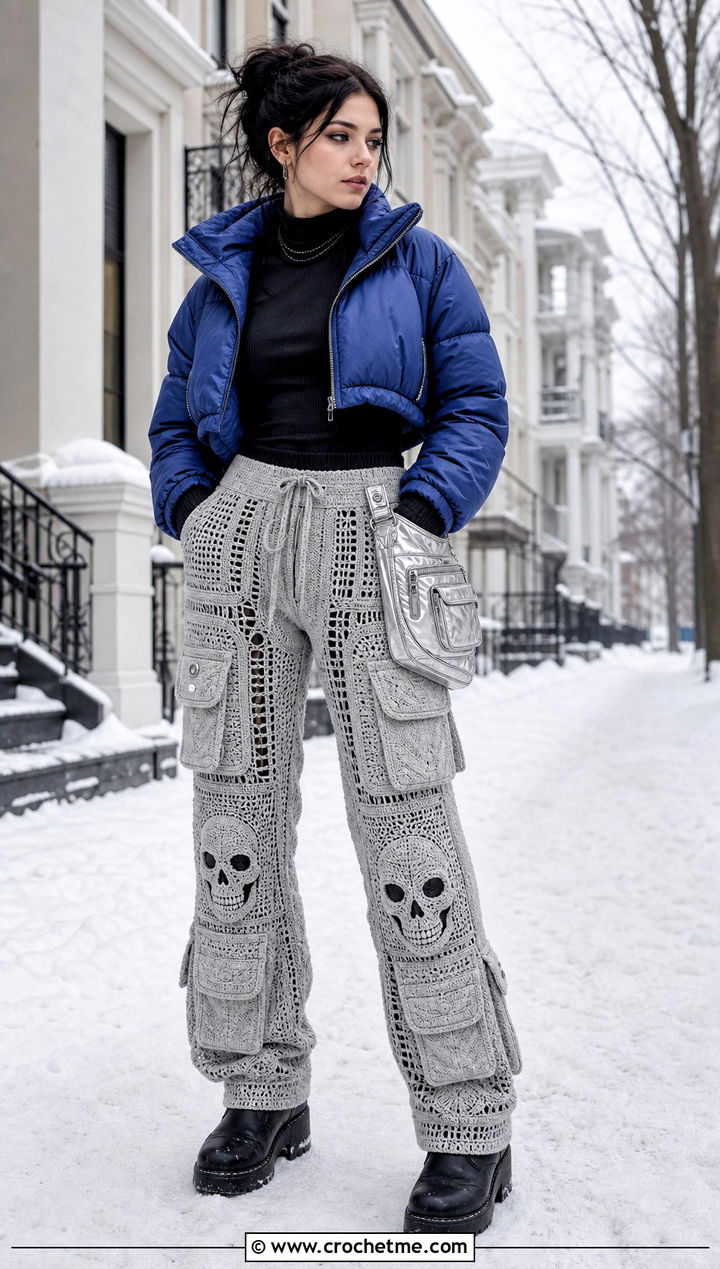 Silver Gray Cargo Crochet Skull Pants With Puffer Jacket - 25 Crochet Skull Pants outfit ideas