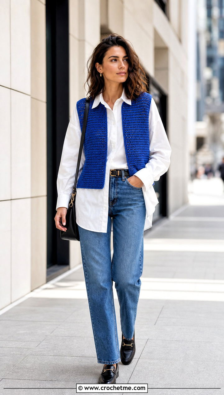 Simple Crochet Rectangle Vest With White Shirt And Jeans - 25 Easy Clothes To Crochet For Beginners outfit ideas