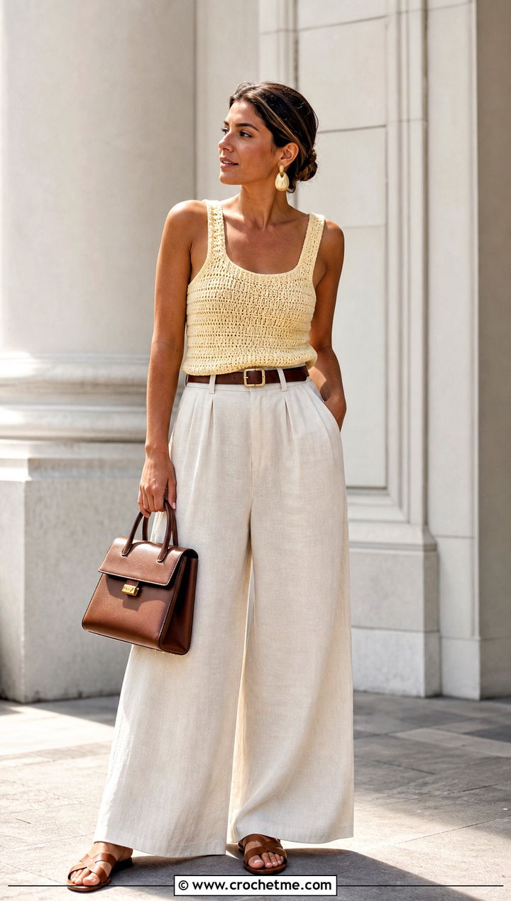Simple Crochet Tank Top With Wide Leg Trousers - 25 Crochet For Beginners Clothes and outfit ideas