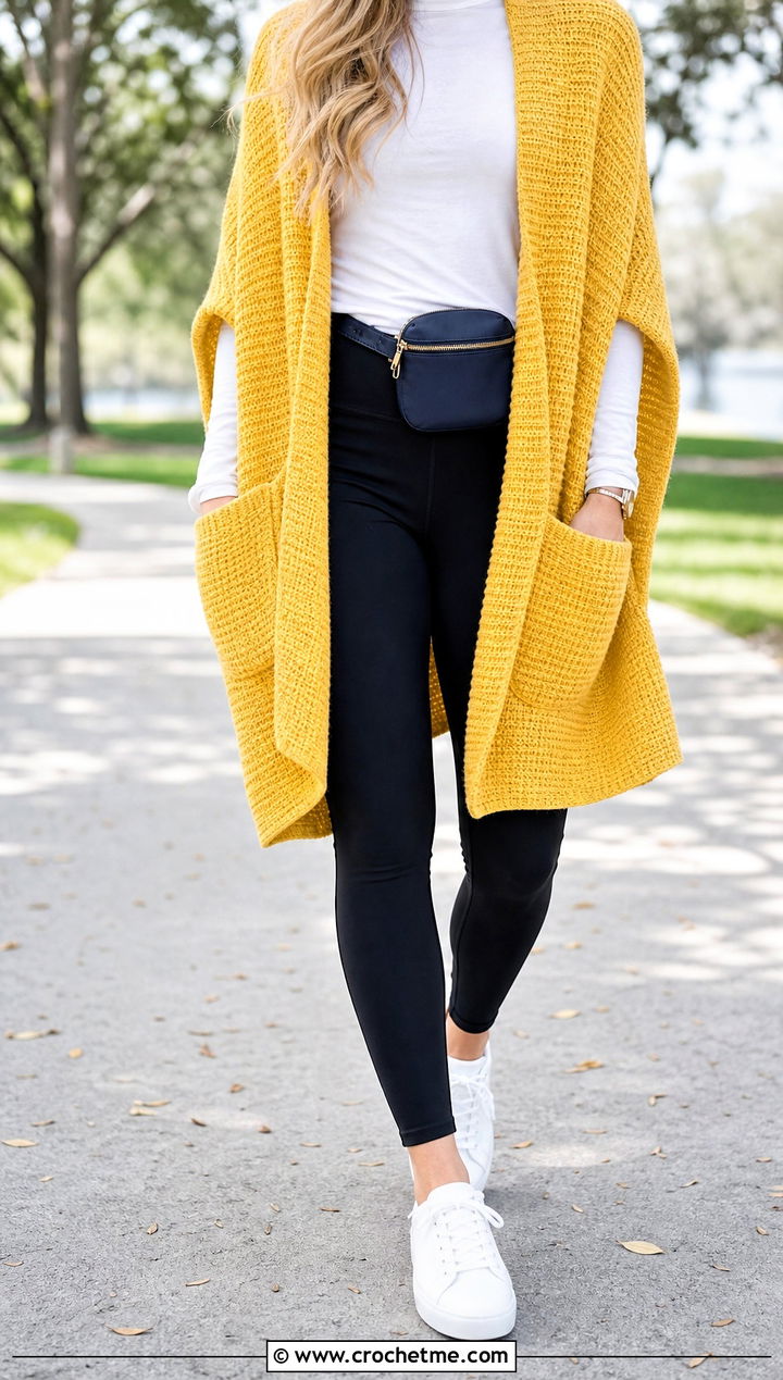 Simple Stitch Pocket Shawl With Leggings And Sneakers - 15 Tunisian Crochet Pocket Shawl outfit ideas