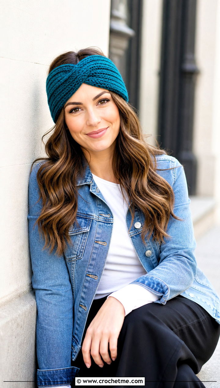 Simple Twist Tunisian Crochet Ear Warmer With Denim Jacket - 30 Tunisian Crochet Ear Warmer outfit ideas