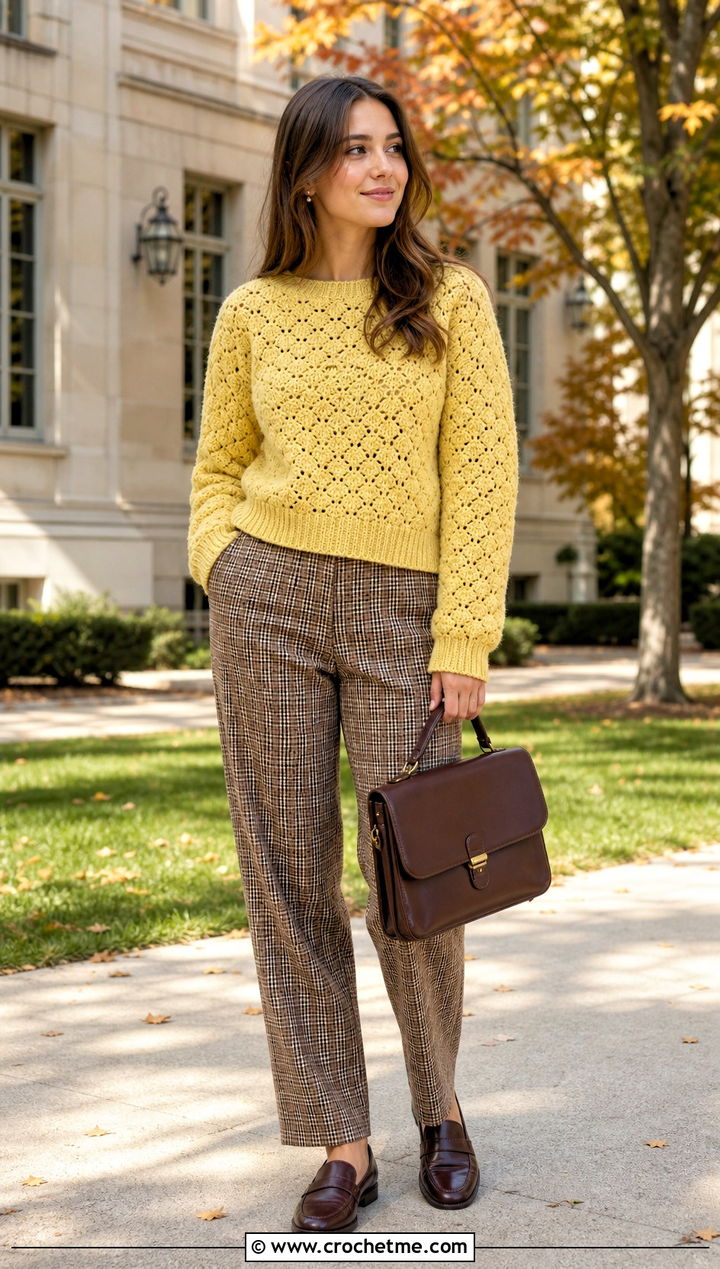 Simplest Shell Stitch Crochet Sweater With Plaid Trousers - 25 Shell Stitch Crochet Sweater outfit ideas