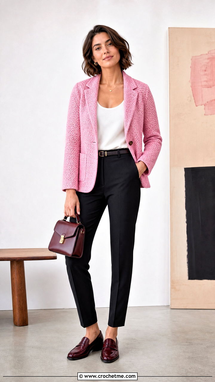 Single Breasted Crochet Blazer With Cigarette Pants - 35 crochet blazer outfit ideas