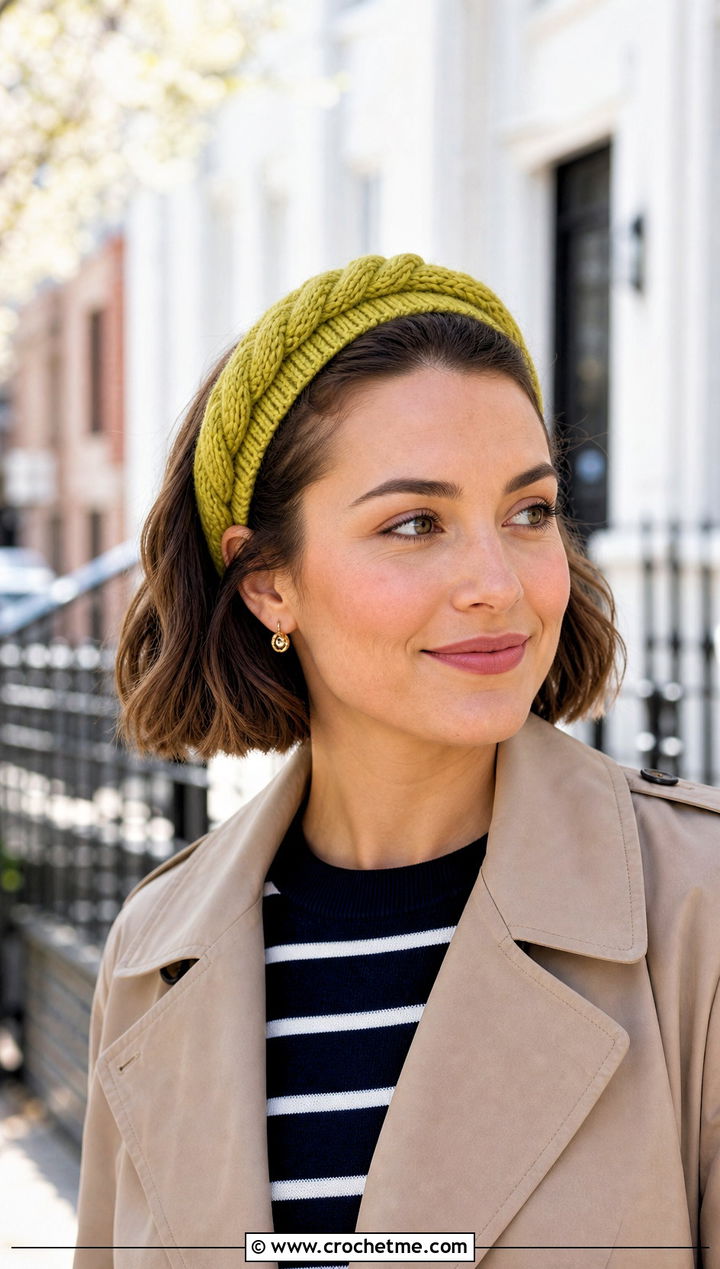 Single Cable Headband With Trench Coat - 25 crochet cable headband outfit ideas